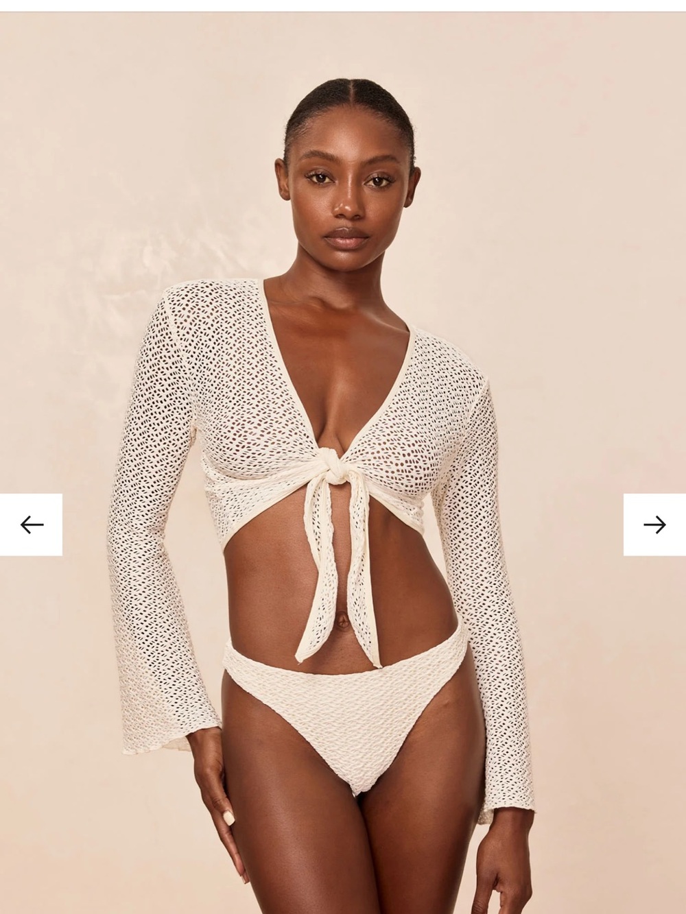 Monday Swimwear Cream Tie-Front Long Sleeve Top & Bikini Bottoms